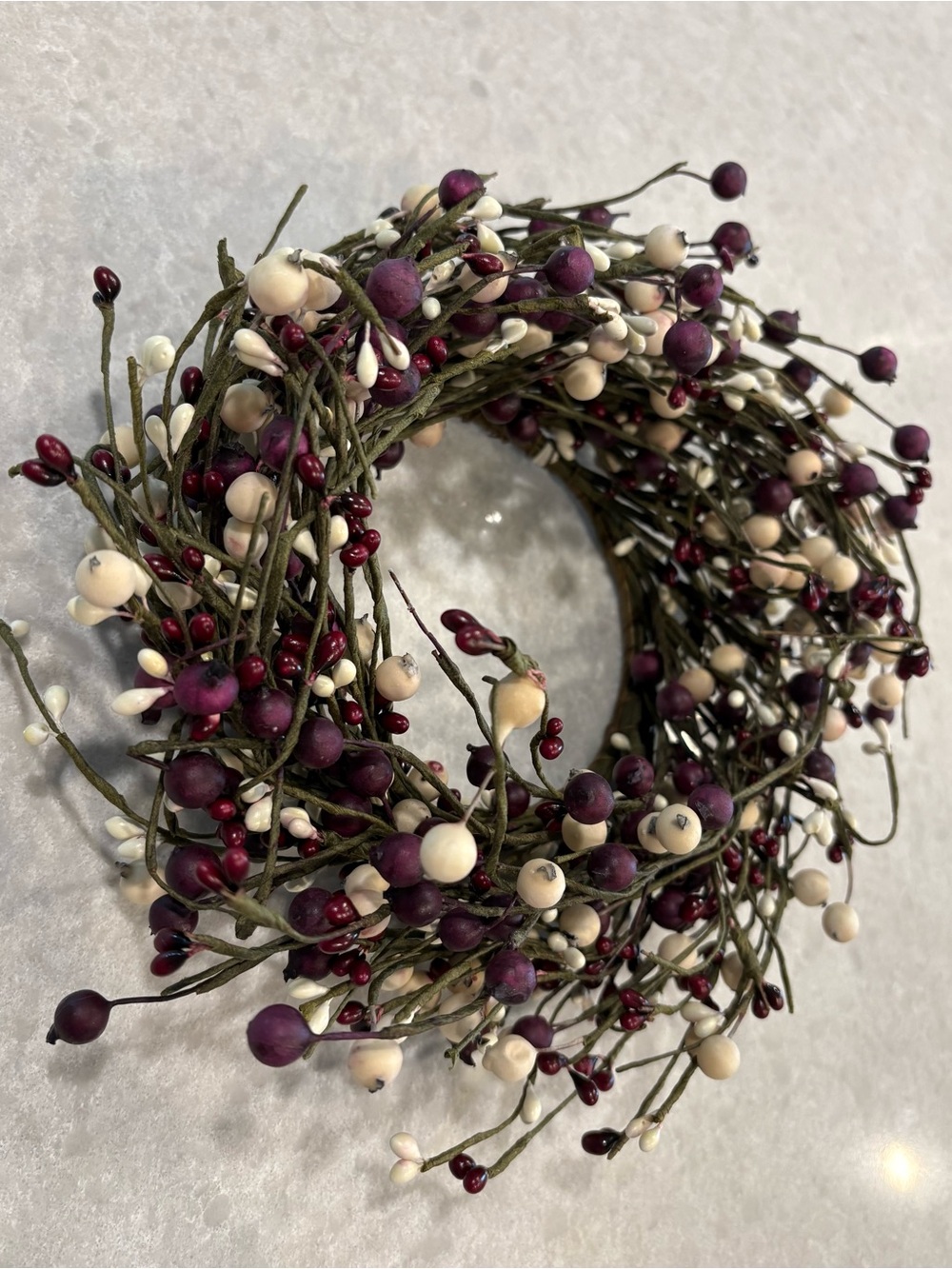 Decorative Rustic Rip Berry Candle Ring in Burgundy and Cream Colored Berries